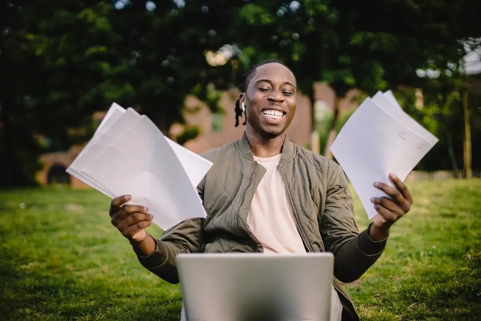 A happy person sitting outside with a laptop, holding up and looking at papers with a joyful expression.