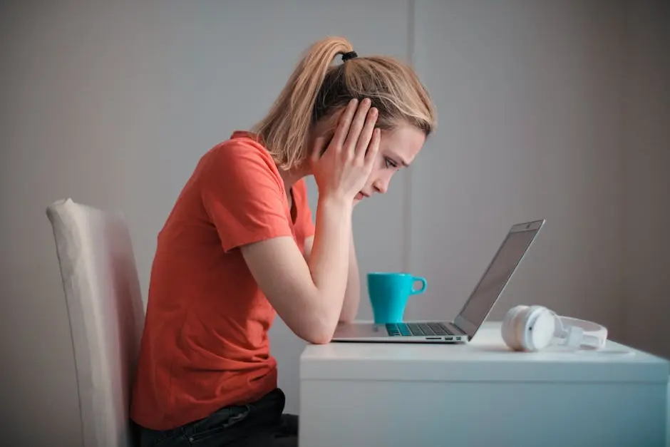 A woman sitting in front of a laptop with her hands on her temples, looking stressed or confused, with a cup and headphones on the table.