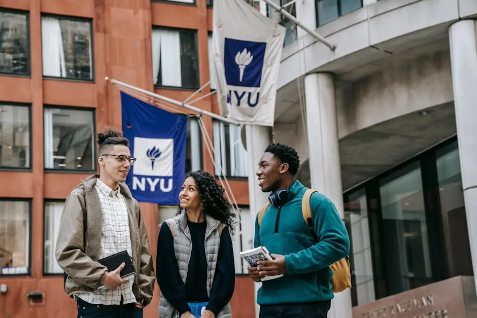 Three students engaging in a conversation with a university banner in the background.