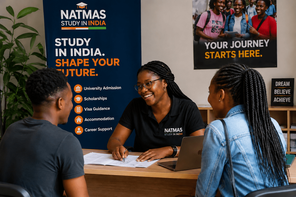 A friendly advisor discusses study opportunities in India with prospective students in a welcoming office environment.